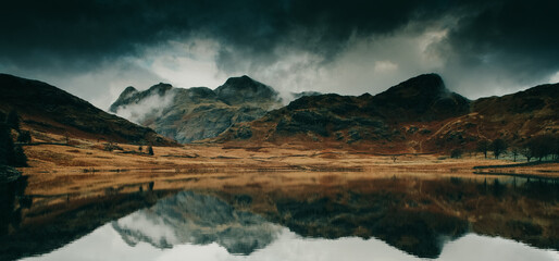Closeup shot of the Lake District National Park with Langdales in the background