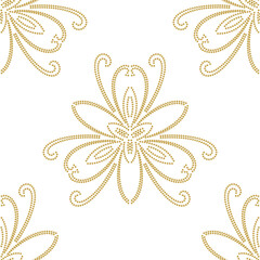 Golden floral vector ornament. Seamless abstract classic background with flowers. Pattern with repeating floral elements. Ornament for fabric, wallpaper and packaging