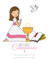 My first communion card. Girl praying next to a chalice and bible