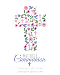 My first communion card. Floral crucifix. Isolated vector