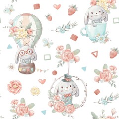 Seamless pattern cute cartoon animals fly in a hot air balloon © Yuliya