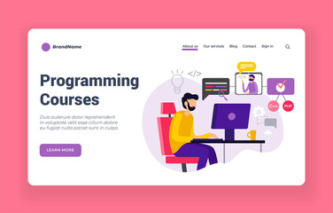 Obraz na płótnie Canvas Online courses for programmers. Learning computer languages and coding. Creative development with software training. Digital webinars with professional developers. Vector landing page flat banner
