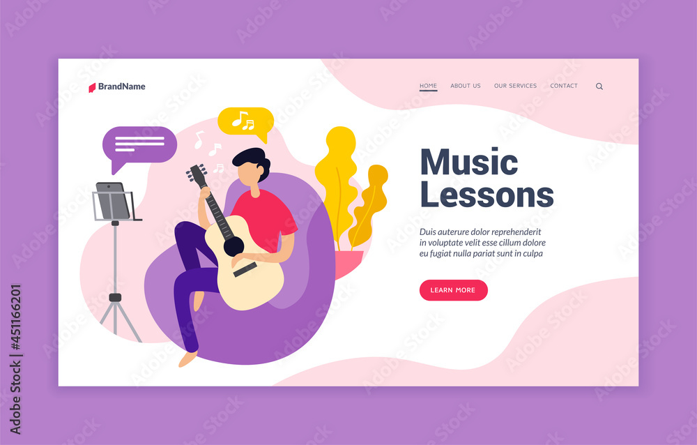 Poster music web lessons. course in music art with online teacher. setting up and using melodic instrument.