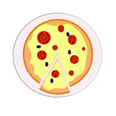 Cartoon vector pizza with tomatoes and olives