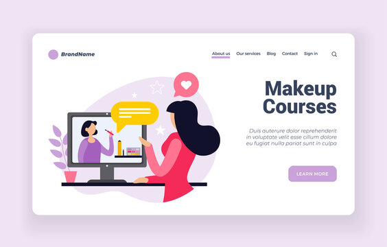 Online makeup courses. Web tutorials on applying cosmetics with creative glamor. Channels fashion bloggers on trendy cosmetology. Distance learning beauty and style. Vector home page flat banner