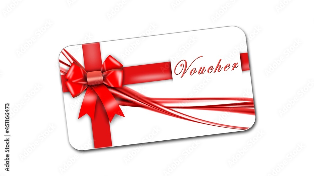 Poster voucher card with red ribbon and bow isolated on white background with shadow minimal concept - 3d i