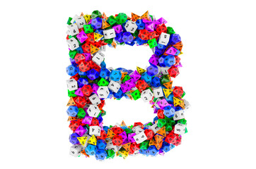 Alphabet letter B, from colored roleplaying dice. 3D rendering