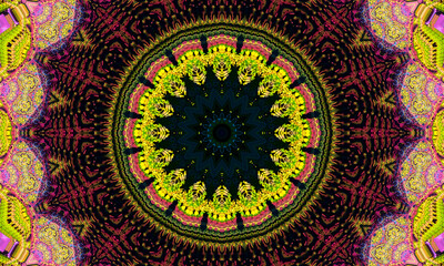 Green leaves kaleidoscope pattern. Abstract circle background.