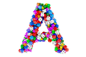 Alphabet letter A, from colored roleplaying dice. 3D rendering