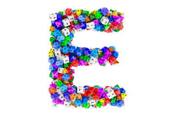 Alphabet letter E, from colored roleplaying dice. 3D rendering
