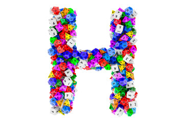 Alphabet letter H, from colored roleplaying dice. 3D rendering
