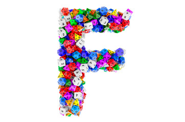 Alphabet letter F, from colored roleplaying dice. 3D rendering