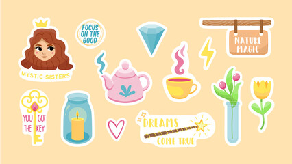 Natural magic set of childrens stickers. Little sorceress with crown and golden key with crystal. Magic wand and teapot with cup. candle in jar and flowers test tube. Vector cartoon labels
