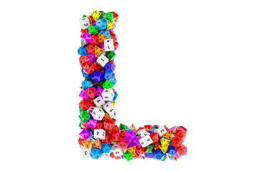 Alphabet letter L, from colored roleplaying dice. 3D rendering