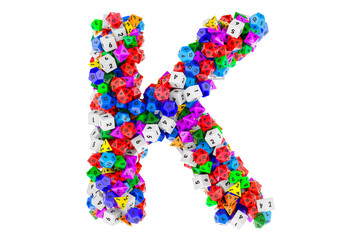 Alphabet letter K, from colored roleplaying dice. 3D rendering