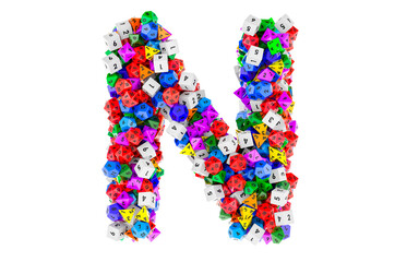 Alphabet letter N, from colored roleplaying dice. 3D rendering