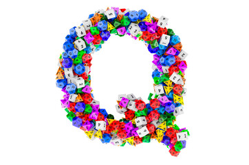 Alphabet letter Q, from colored roleplaying dice. 3D rendering