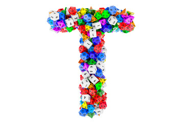 Alphabet letter T, from colored roleplaying dice. 3D rendering