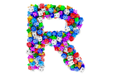 Alphabet letter R, from colored roleplaying dice. 3D rendering