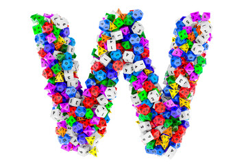 Alphabet letter W, from colored roleplaying dice. 3D rendering