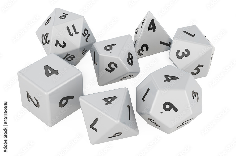 Poster set of roleplaying dice in various colors. five platonic solids and ten-sided die. 3d rendering