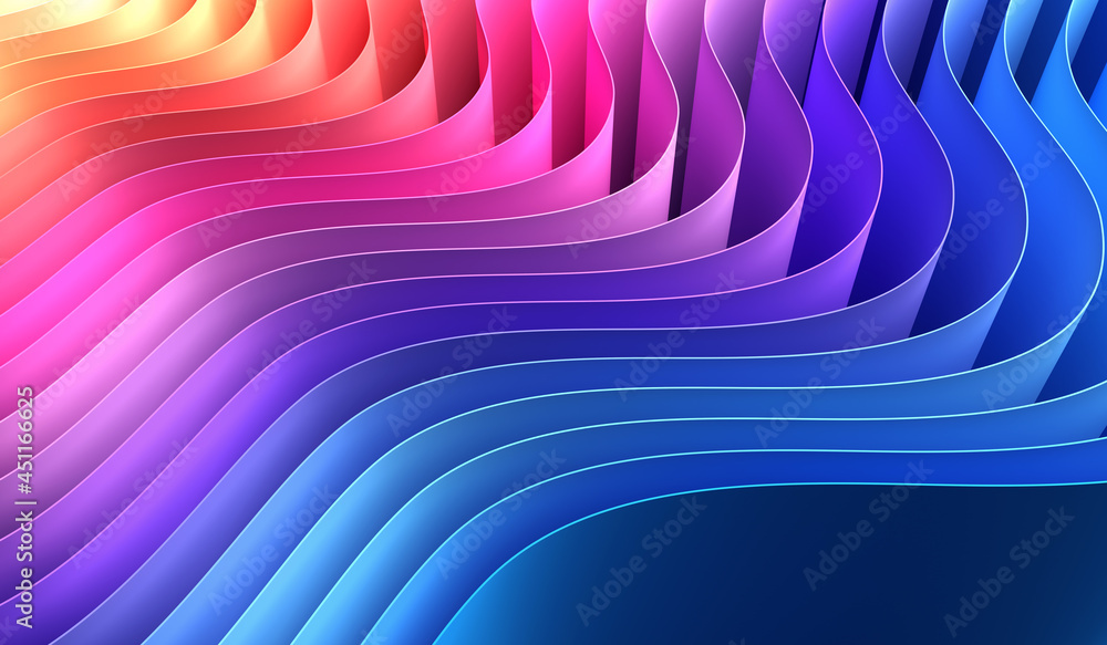Poster 3d render abstract background of smooth lines of spline waves from yellow to deep blue