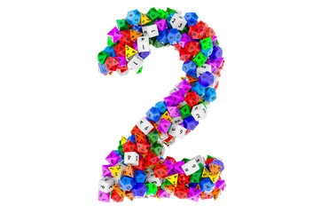 Number 2, from colored roleplaying dice. 3D rendering