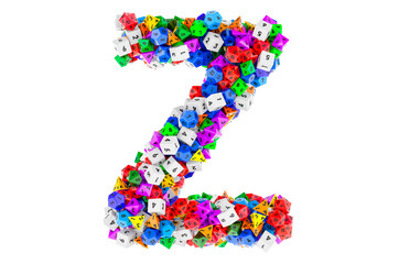 Alphabet letter Z, from colored roleplaying dice. 3D rendering