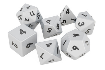 Set of roleplaying dice in various colors. Five Platonic solids and ten-sided die. 3D rendering