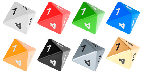 Set of 8 sided die, octahedron dice, various colors. 3D rendering