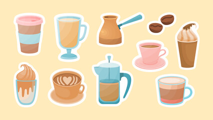 Chocolate cocktails and coffee desserts stickers. Cup of cappuccino with whipped cream. Brown mochas with sweet fruit liqueurs. Glass of cream ice cream filled with hot espresso. Vector cartoon label