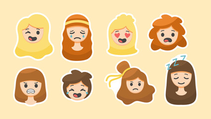 Cute grimaces emotions stickers. Mischievous and sad faces of girls. Falling in love and surprised amazement with stylish hairstyle. Anger and depressed state. Relaxing sleep. Vector cartoon label