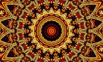 Orange, sun, sunflower kaleidoscope, beautiful geometric pattern, good for wallpaper, backdrop, web banner, background and design template