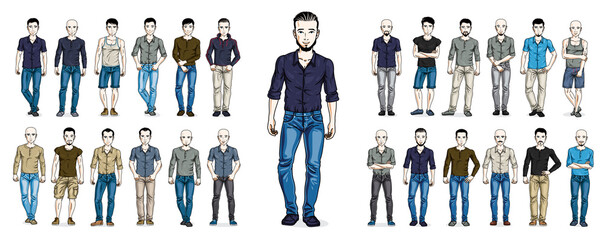 Men in casual wear vector illustrations big set isolated on white background, attractive and handsome males in full body length standing and posing, gorgeous people drawings collection.