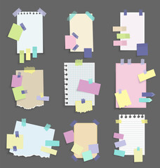 Paper notes stickers. Set of different vector note papers. Blank of multicolor stickers. Sticky sheets of various colors and size vector illustration