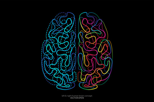 Left right human brain concept. Vector illustration colorful light line doodle isolated on black background.