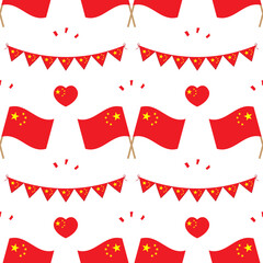 Red chinese flags, garland and decorations vector seamless pattern background for national and public holidays.