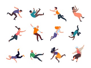 Fototapeta na wymiar Falling people. Stumbling and slipped women and men different poses, dangerous traumatic situations, common accidents on walk. Vector set