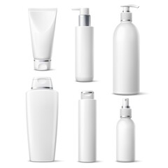 Realistic cosmetic bottles. Blank white plastic containers mockup with silver elements, beauty products package with dispensers. Vector set