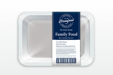 Salmon packaging illustration. White foam tray with plastic film mockup. Modern style fish label