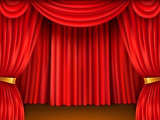 Red curtain stage. Realistic scene framed red textile theater veils, velvet fabric, cinema hall decor, open heavy drapes. Vector background