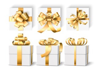 Realistic gift boxes. 3d white holiday packaging mockup, gold ribbons and different bows, gift wrap templates, top and side view. Vector set