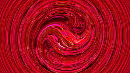 Abstract bright colorful red background. Creative mood. Art trippy digital backdrop. Curved shapes illustration. Vibrant banner. Template. Water wave effect. Swirl. Marble texture. Whirlpool tunnel.