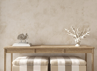 Coastal design room. Mockup beige stucco wall in cozy home interior background. Hampton style 3d render illustration. © Viktoria Kovalchuk