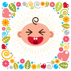 Cute baby cartoon vector flat icon, adorable happy and smiling child emoji. With nice childish frame of flowers, hearts and leaves.