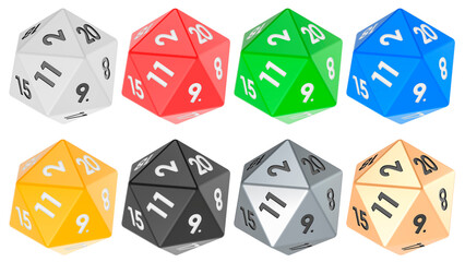 Set of twenty sided die, icosahedron dice, various colors. 3D rendering