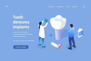 Installation of dental implants. Dentists test new artificial tooth for quality. Modern medical technologies for manufacture of realistic oral prostheses. Vector landing page isometric template