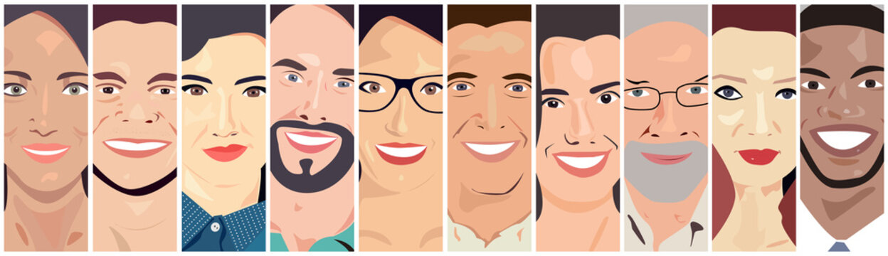 Vector of Diverse Cheerful People's Faces. Smiling faces illustration