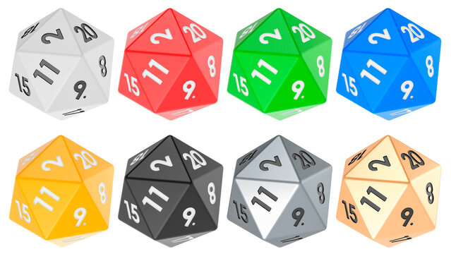Set of twenty sided die, icosahedron dice, various colors. 3D rendering