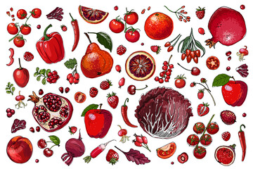 Red. Vector food. Colored vegetables and fruits on a white background. Tomato, pomegranate, pepper, paprika, berries © vaneeva
